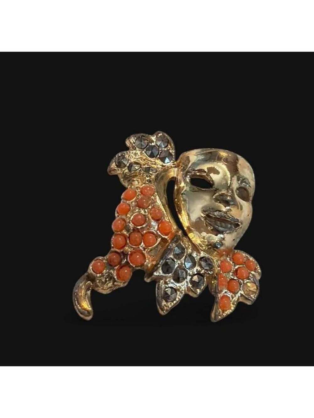 Vintage Harlequin Mask Brooch with Orange and Clear Rhinestones